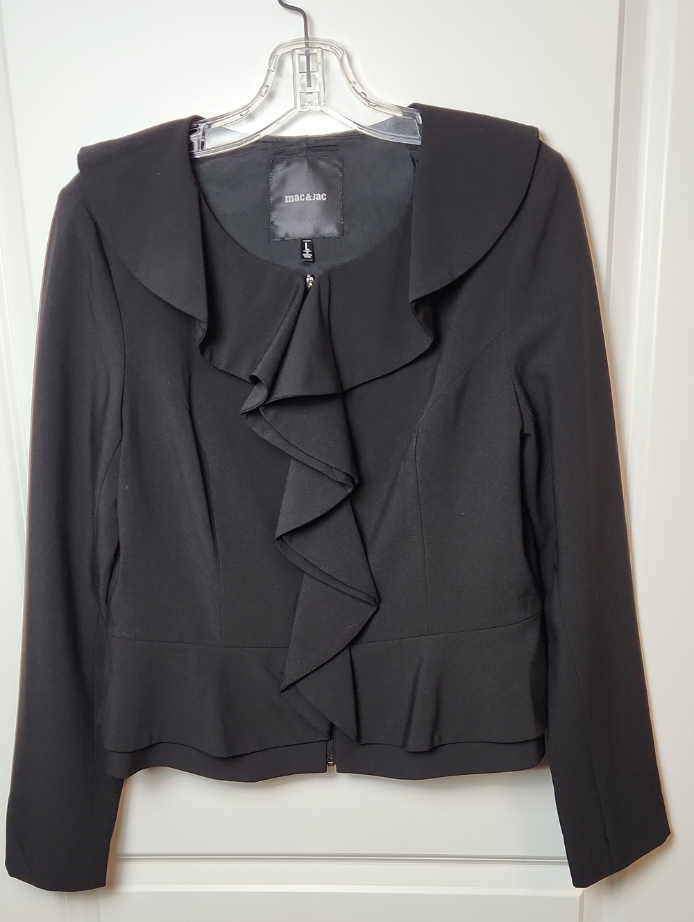 Mac And Jac Black Ruffled Dress Jacket with zipper Size Large